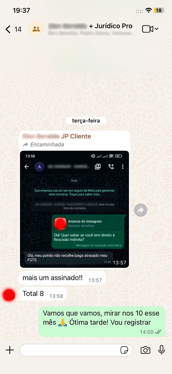 Conversa real de um cliente da JurídicoPro comemorando mais um contrato de rescisão indireta assinado a partir desses anúncios.